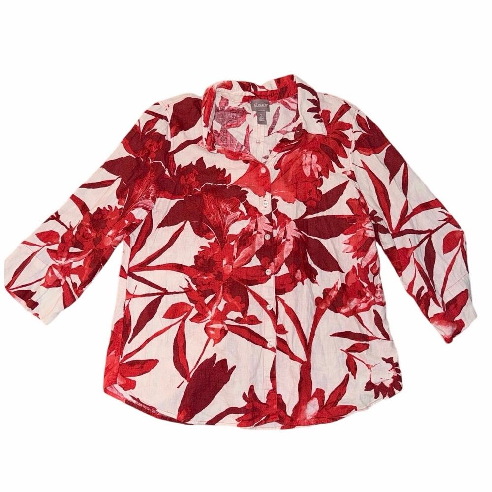 Chicos red cream botanical print button front 3/4 sleeve linen blend top size 2